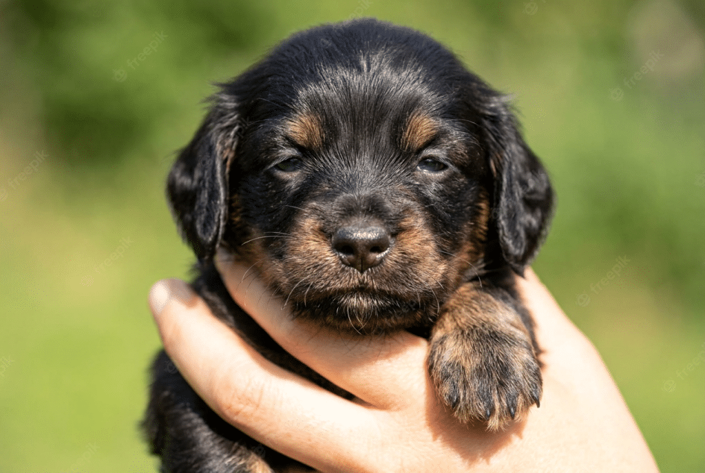 Cocker spaniel cachorro de 1 mes en brazos, con pelaje oscuro y mirada tranquila, en una imagen de Cocker Spaniel Corralet que ayuda a entender sus primeros cuidados; entra para descubrir qué necesita en esta etapa.