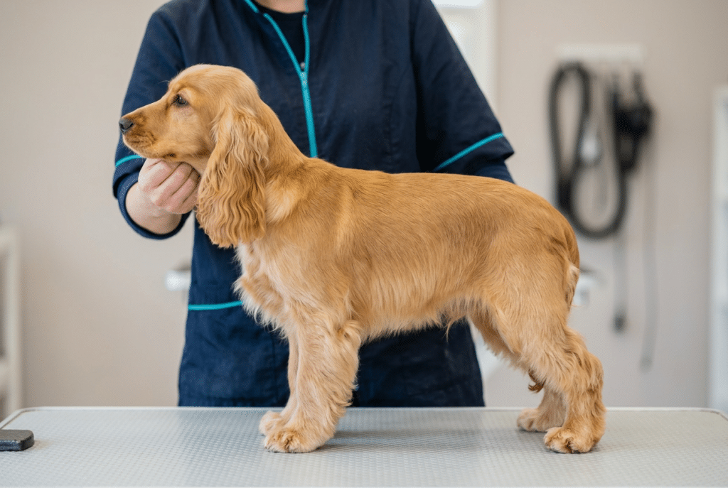 Cocker spaniel cachorro o joven de color dorado sobre una mesa de grooming, visto de perfil mientras una persona lo sujeta con suavidad para mostrar el corte del cocker en casa, con orejas largas y sedosas, manto cuidado y patas redondeadas