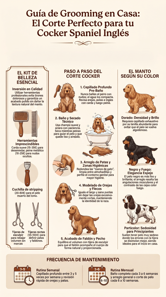 Infografía en español sobre cocker spaniel cachorro y corte del cocker, con una guía visual de grooming en casa que explica herramientas, paso a paso del baño y arreglo, tipos de manto según el color y frecuencia de mantenimiento