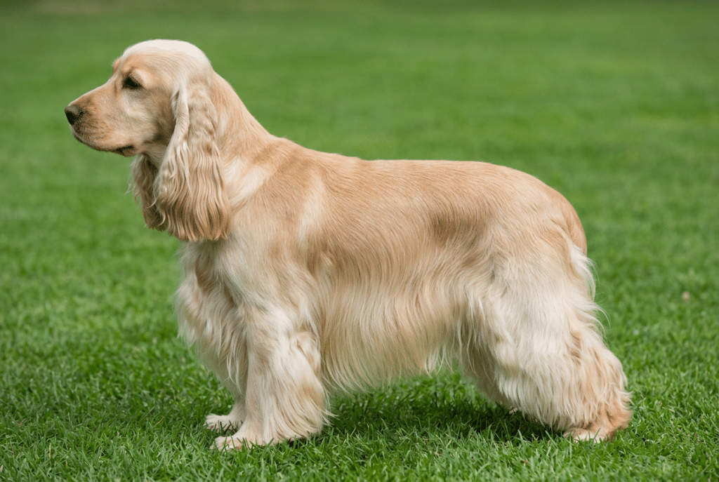 Cocker spaniel cachorro o ejemplar joven de pelaje dorado claro posando de perfil sobre césped, con manto largo, liso y muy abundante que muestra un acabado de exposición y una versión elegante del corte del cocker