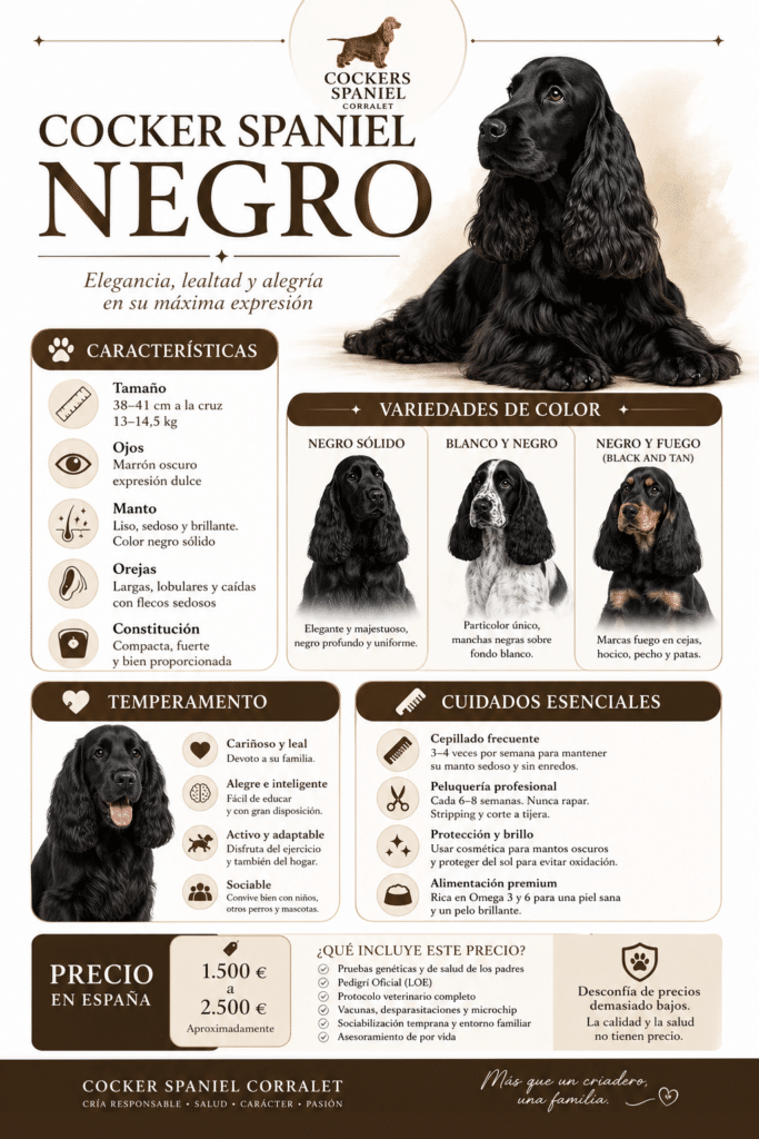 Cocker negro y fuego adulto posando en una exposición canina junto a una persona arrodillada