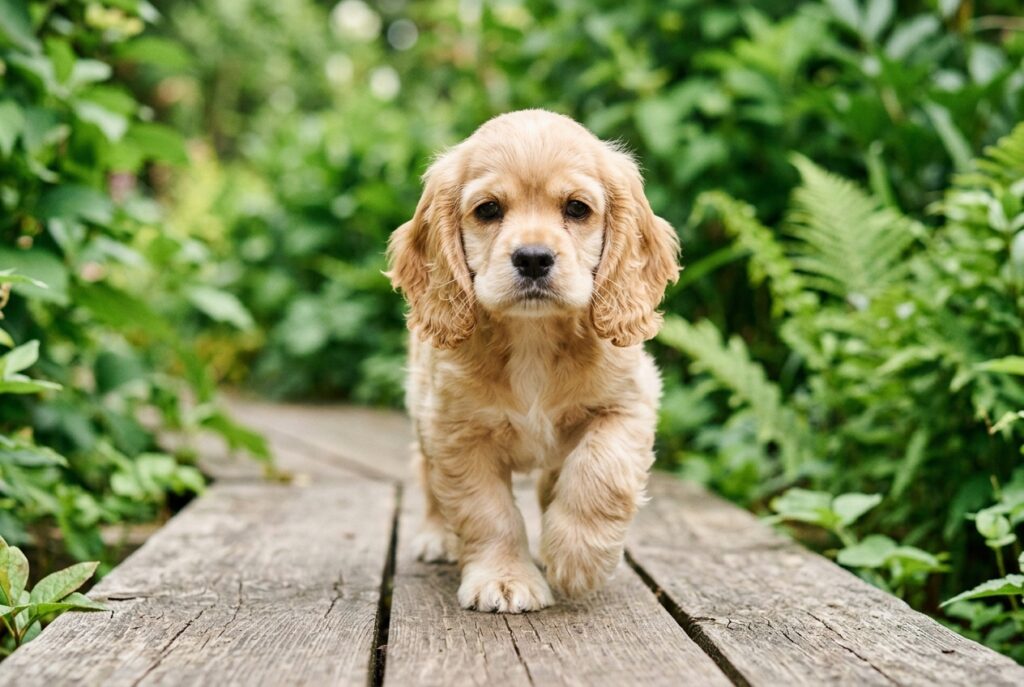 Cocker americano cachorro de color dorado caminando sobre una superficie de madera bajo hojas verdes, con orejas largas y expresión dulce