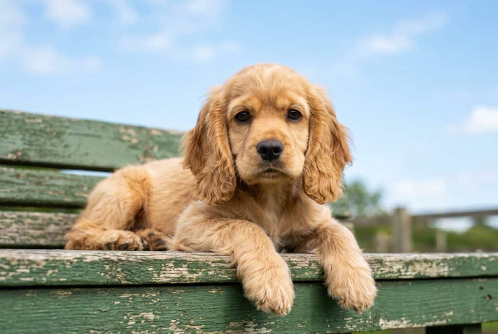 Cocker americano cachorro de pelaje dorado tumbado sobre una mesa verde al aire libre, con orejas largas y mirada dulce