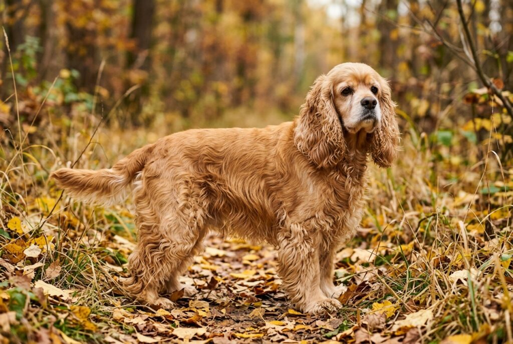 Cocker americano de pelaje dorado posando de pie entre hojas de otoño y hierba alta, con orejas largas y expresión tranquila