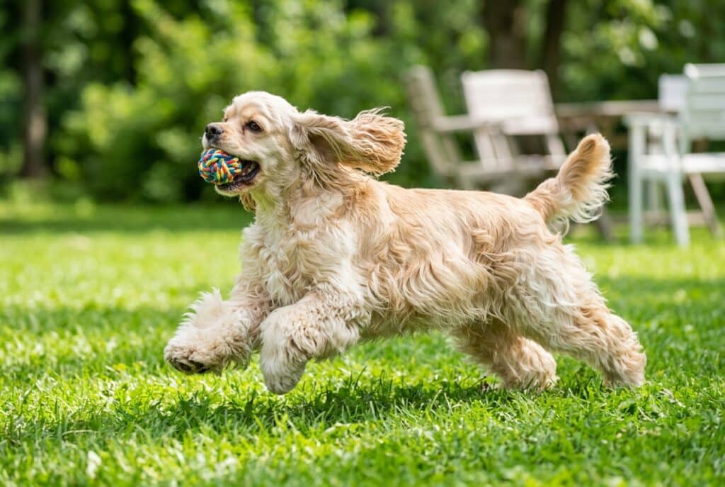 Cocker americano de pelaje claro corriendo sobre hierba verde con una pelota en la boca, mostrando su lado juguetón y activo