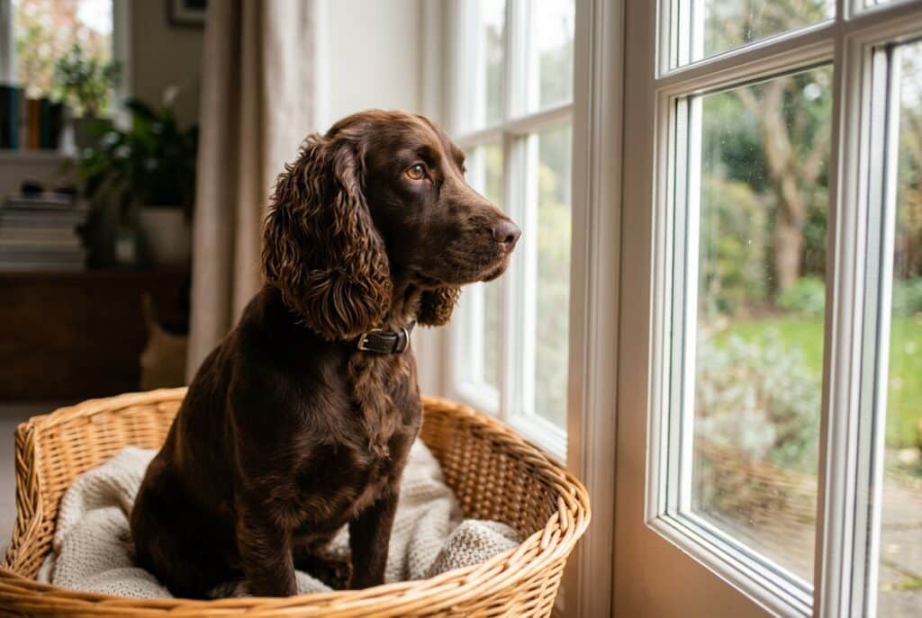 Cocker marrón sentado en una cesta de mimbre junto a una ventana, con pelaje largo y mirada atenta