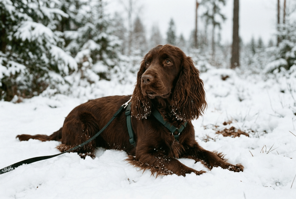 Cocker marrón tumbado sobre la nieve con correa negra, mirando hacia arriba, con pelaje largo y ondulado