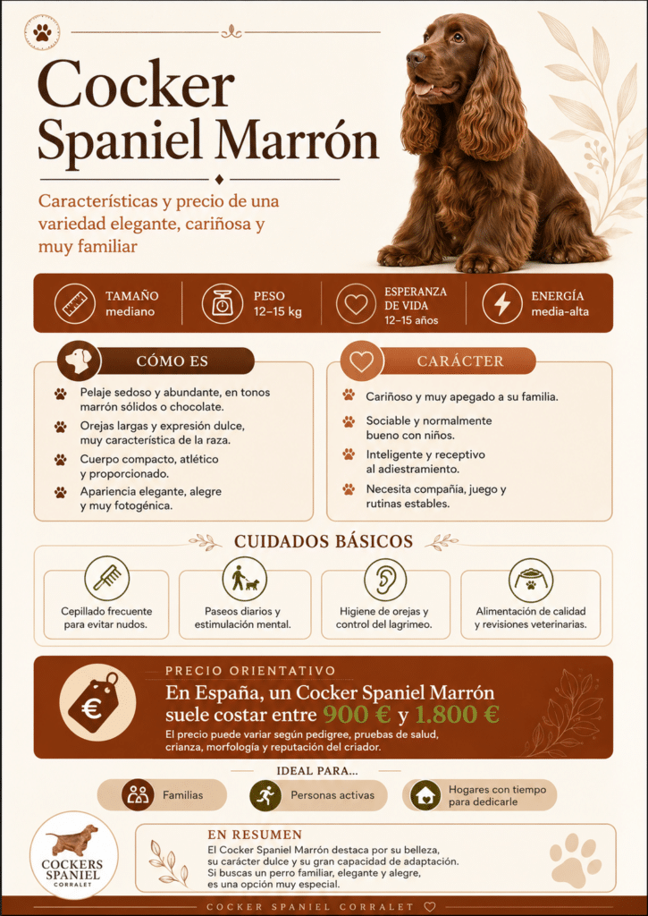 Infografía sobre el cocker marrón de Cocker Spaniel Corralet, con un perro de pelaje chocolate, datos de tamaño, peso, carácter, cuidados básicos y precio orientativo en España.