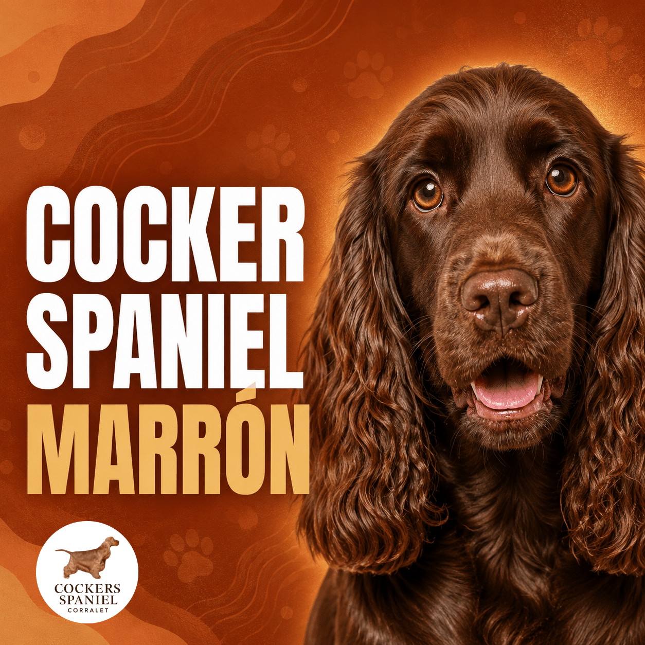 Miniatura de Cocker Spaniel Corralet con primer plano de un cocker marrón de ojos ámbar sobre fondo terracota y texto grande “Cocker Spaniel Marrón”