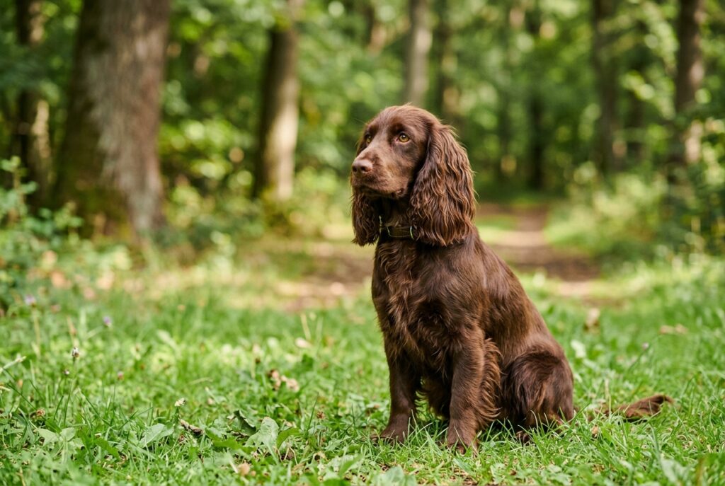 Cocker marrón de pelo largo sentado en un prado verde, con fondo de árboles desenfocado