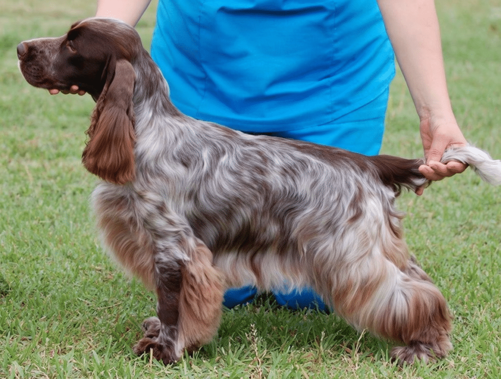 Cocker ruano chocolate de Cocker Spaniel Corralet posando de perfil sobre la hierba, con manto marrón y blanco entremezclado, orejas largas y estructura equilibrada