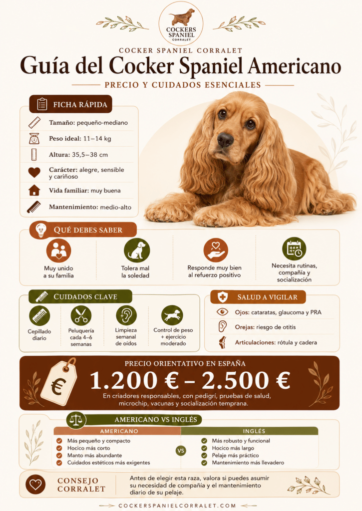 Infografía de Cocker Spaniel Corralet sobre el cocker americano, con datos de tamaño, peso, carácter, cuidados, salud, precio orientativo y diferencias frente al Cocker Spaniel Inglés