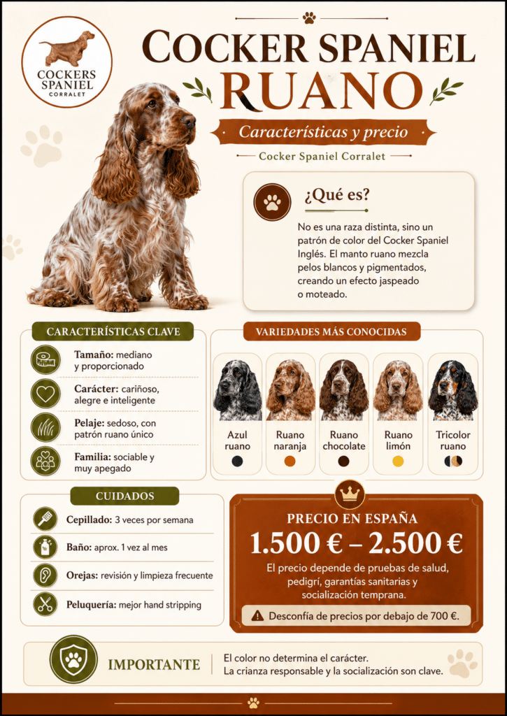 Infografía de Cocker Spaniel Corralet sobre el cocker ruano, con un perro ilustrado, explicación de que no es una raza distinta, variedades de color, cuidados básicos y precio orientativo en España