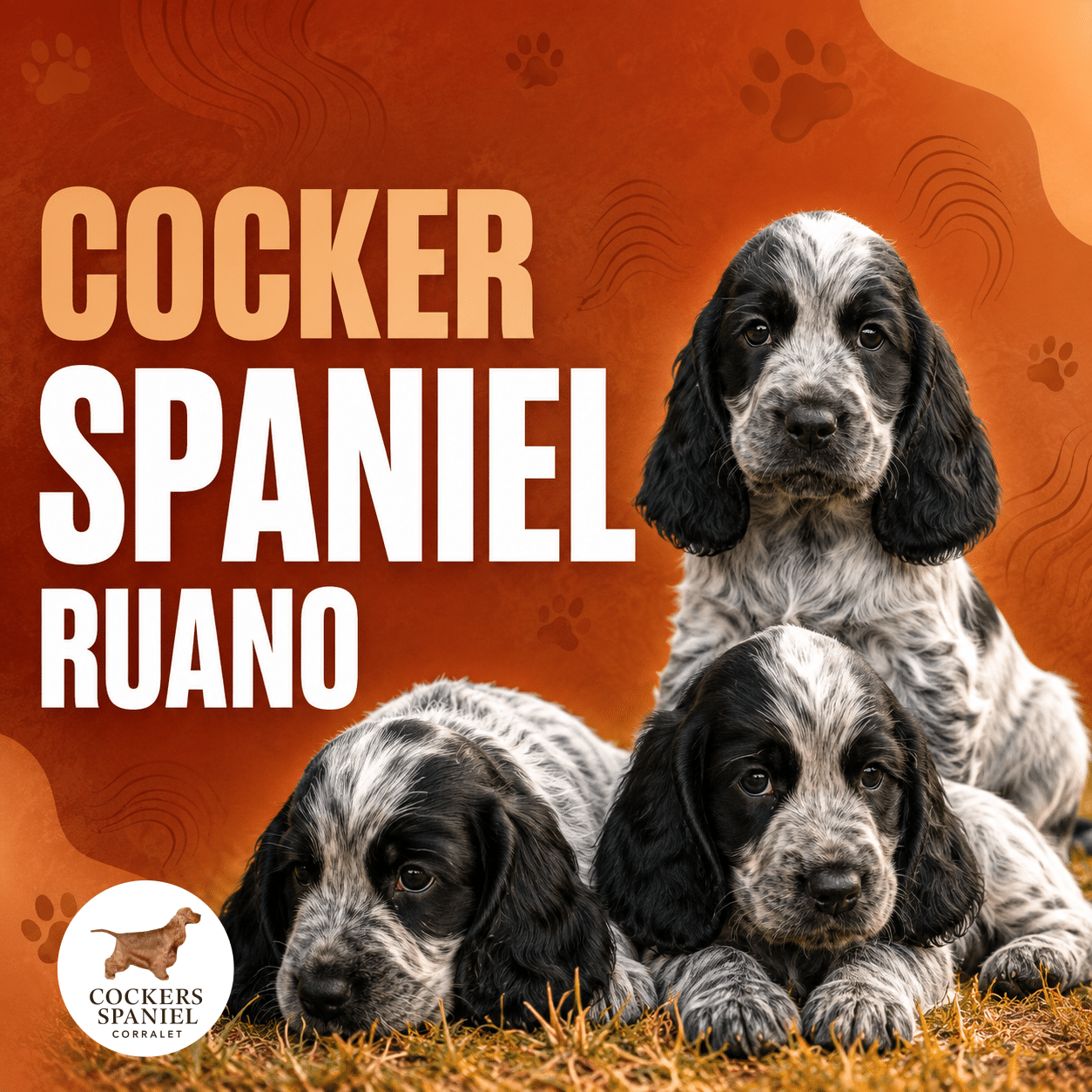 Miniatura de Cocker Spaniel Corralet sobre cocker ruano, con tres cachorros ruano azul sobre fondo terracota y titular grande “Cocker Spaniel Ruano”