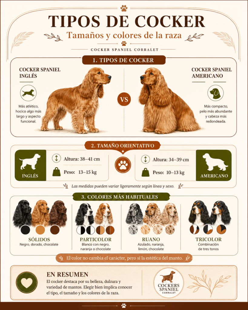Infografía de Cocker Spaniel Corralet sobre tipos de cocker, con comparación entre Cocker Spaniel Inglés y Americano, tamaños orientativos y colores habituales como sólido, particolor, ruano y tricolor.