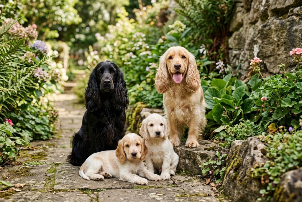 Familia de Cocker Spaniel Inglés con adultos y cachorros de distintos mantos, mostrando varios colores del cocker en un entorno natural de jardín, para ilustrar la diversidad de la raza en Cocker Spaniel Corralet.