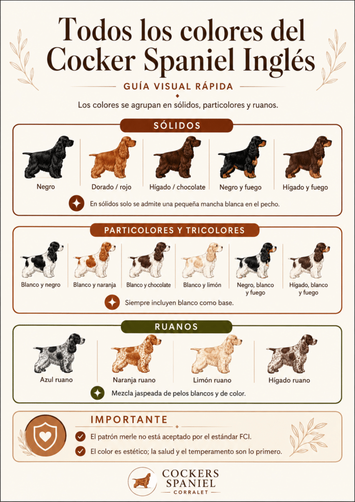 Infografía visual sobre los colores del cocker spaniel inglés, con ejemplos de mantos sólidos, particolores, tricolores y ruanos, y una nota sobre el patrón merle en Cocker Spaniel Corralet.
