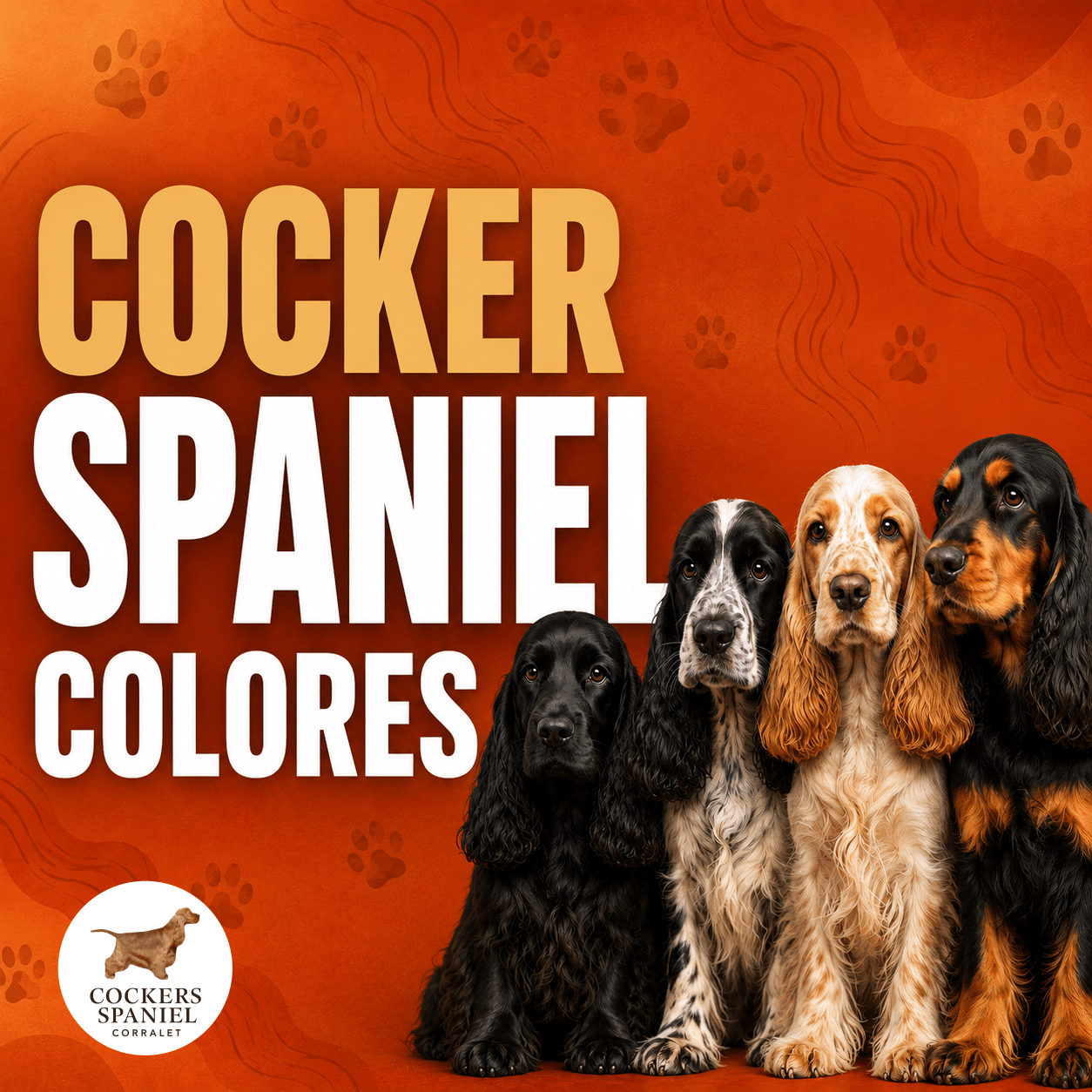 Miniatura sobre los colores del cocker spaniel inglés, con fondo terracota, texto grande y varios Cocker Spaniel de mantos negro, ruano, claro y negro fuego para Cocker Spaniel Corralet.