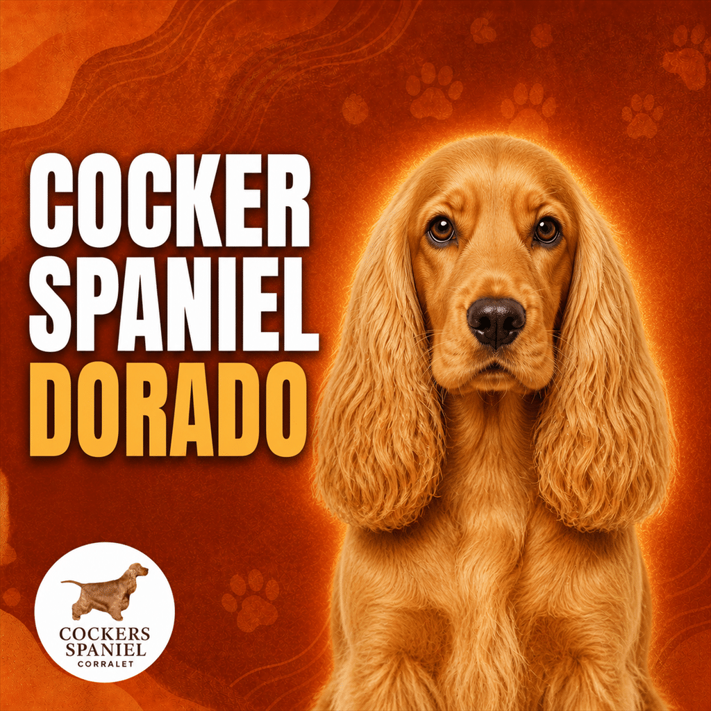 Cocker spaniel dorado de frente sobre fondo terracota con el titular Cocker Spaniel Dorado