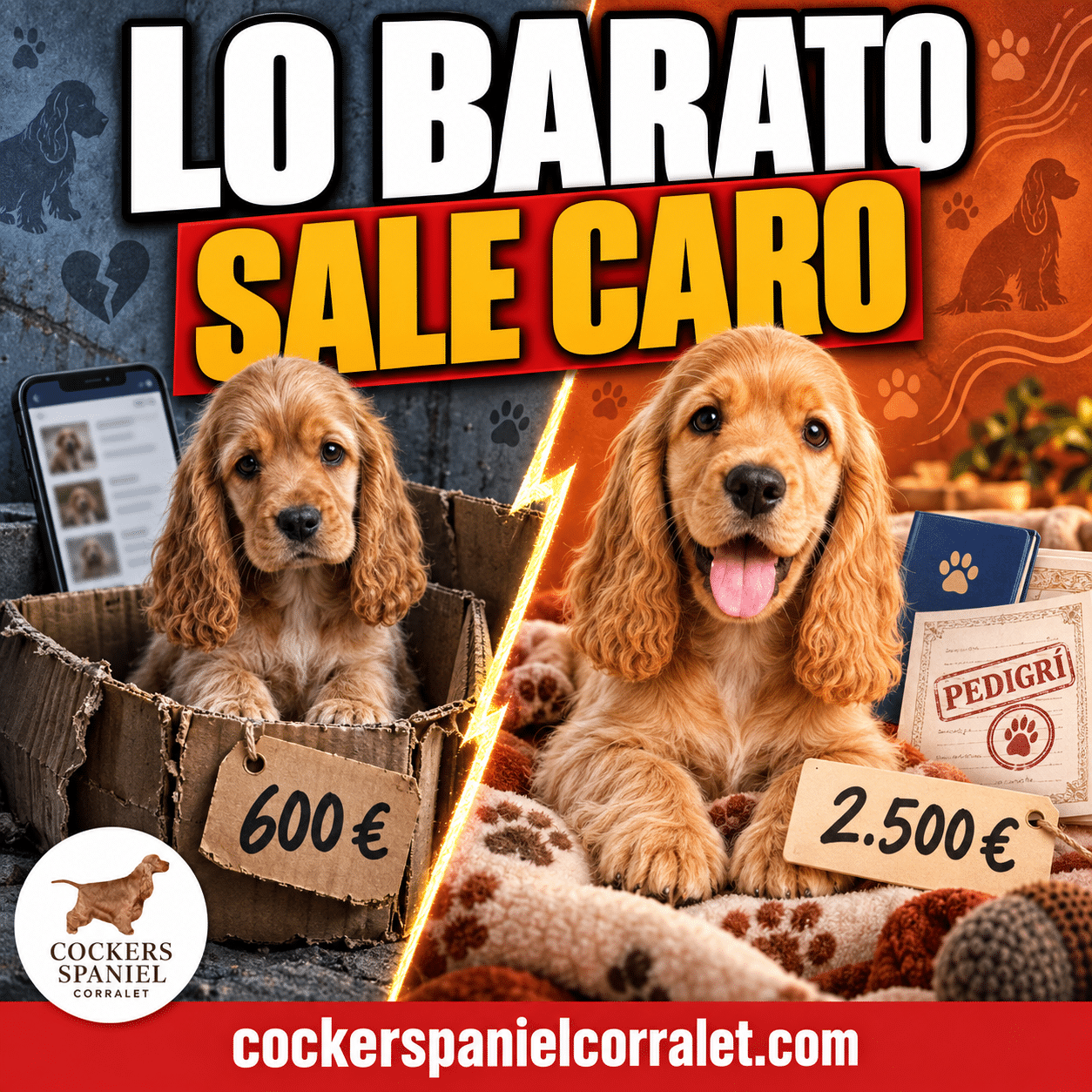 Miniatura del post sobre el precio de un cocker spaniel: a la izquierda un cachorro en una caja de cartón con una etiqueta de 600 €, a la derecha un cachorro feliz con su pedigrí y una etiqueta de 2.500 €, y el rótulo Lo barato sale caro