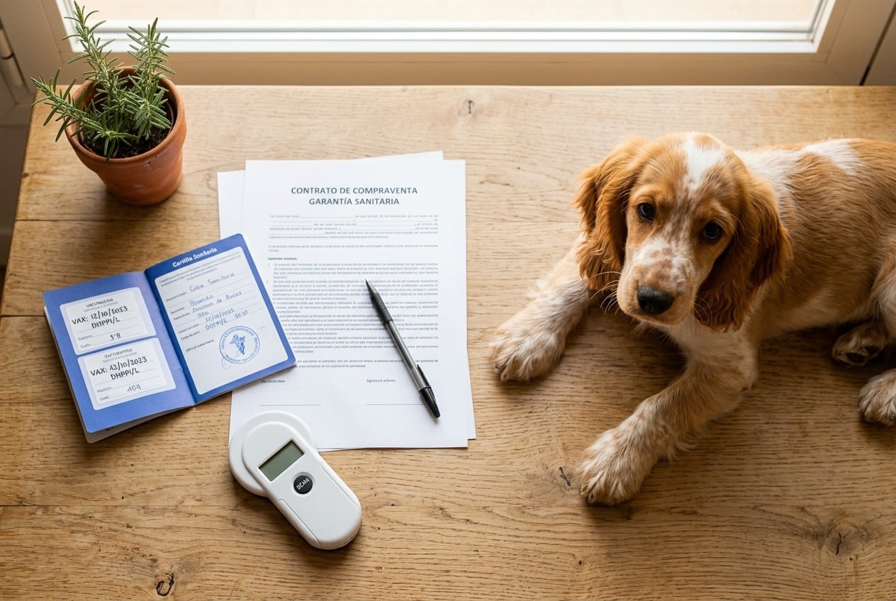 Cachorro de cocker spaniel inglés particolor naranja y blanco tumbado junto a su cartilla veterinaria, el contrato de compraventa y un lector de microchip, los documentos que acompañan a un cocker spaniel sano