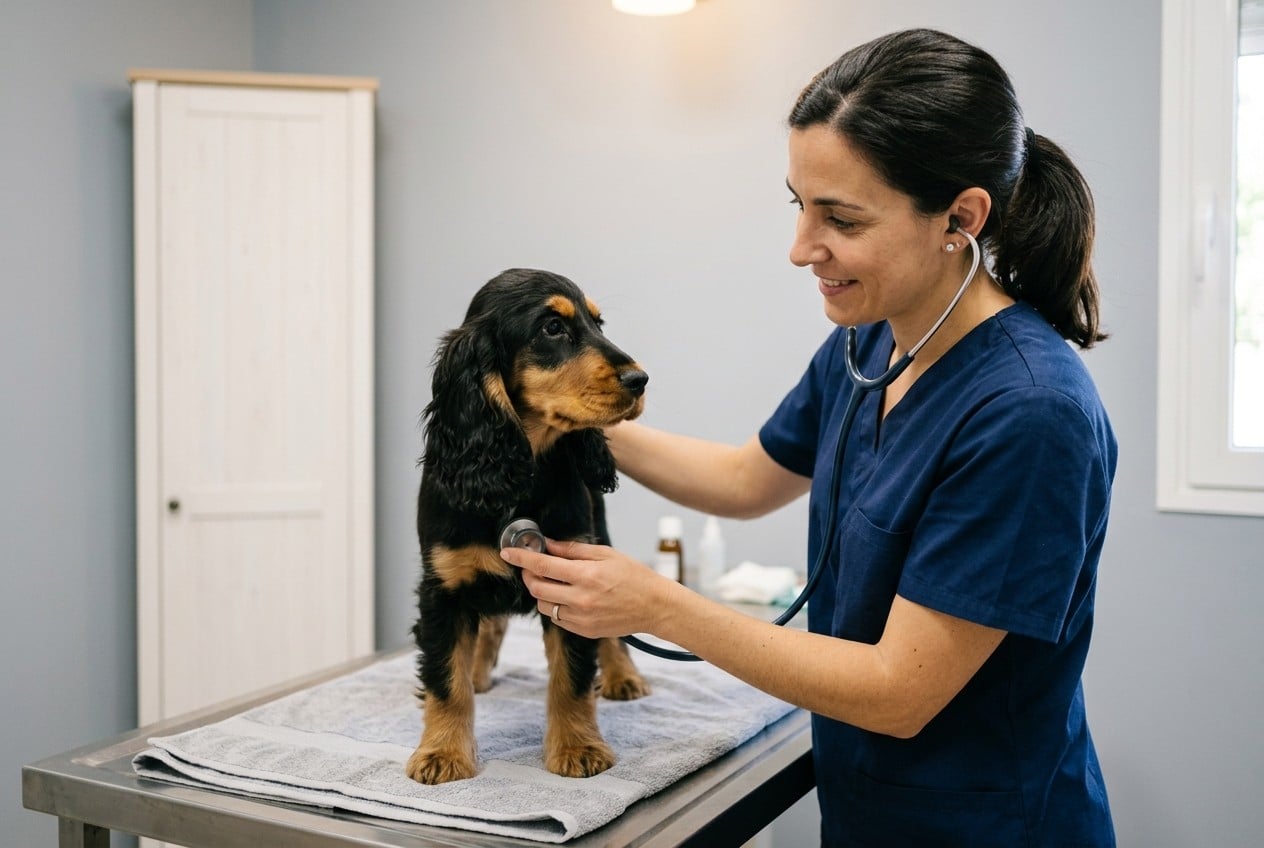 Veterinaria auscultando con el fonendoscopio a un cachorro de cocker spaniel inglés negro y fuego sobre la mesa de la consulta, durante la primera revisión para comprobar que el cocker spaniel está sano