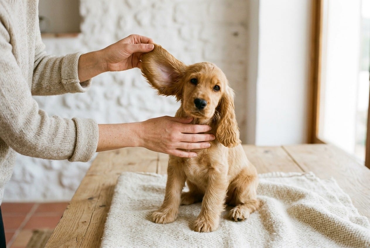 Manos levantando la oreja de un cachorro de cocker spaniel inglés dorado para revisar que por dentro está limpia, rosada y sin mal olor, una de las comprobaciones para saber si un cocker spaniel está sano