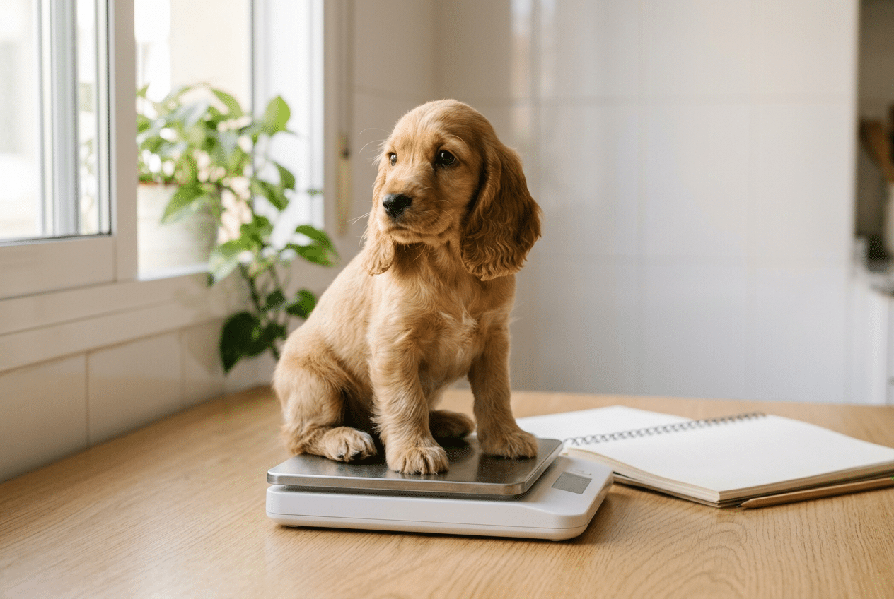 Cachorro de cocker spaniel inglés dorado de unos dos meses sentado sobre una báscula de cocina, una forma sencilla de controlar cuánto pesa un cocker spaniel cachorro semana a semana