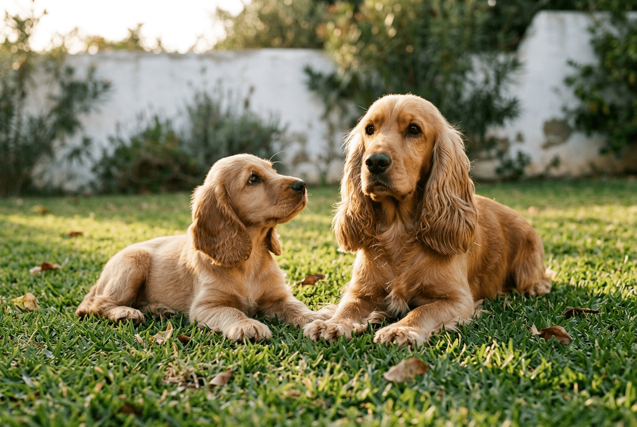 Cachorro de cocker spaniel inglés dorado de unos cuatro meses junto a un cocker spaniel adulto del mismo color sobre el césped, que muestra cuánto pesa y mide un cocker spaniel cachorro frente a uno adulto