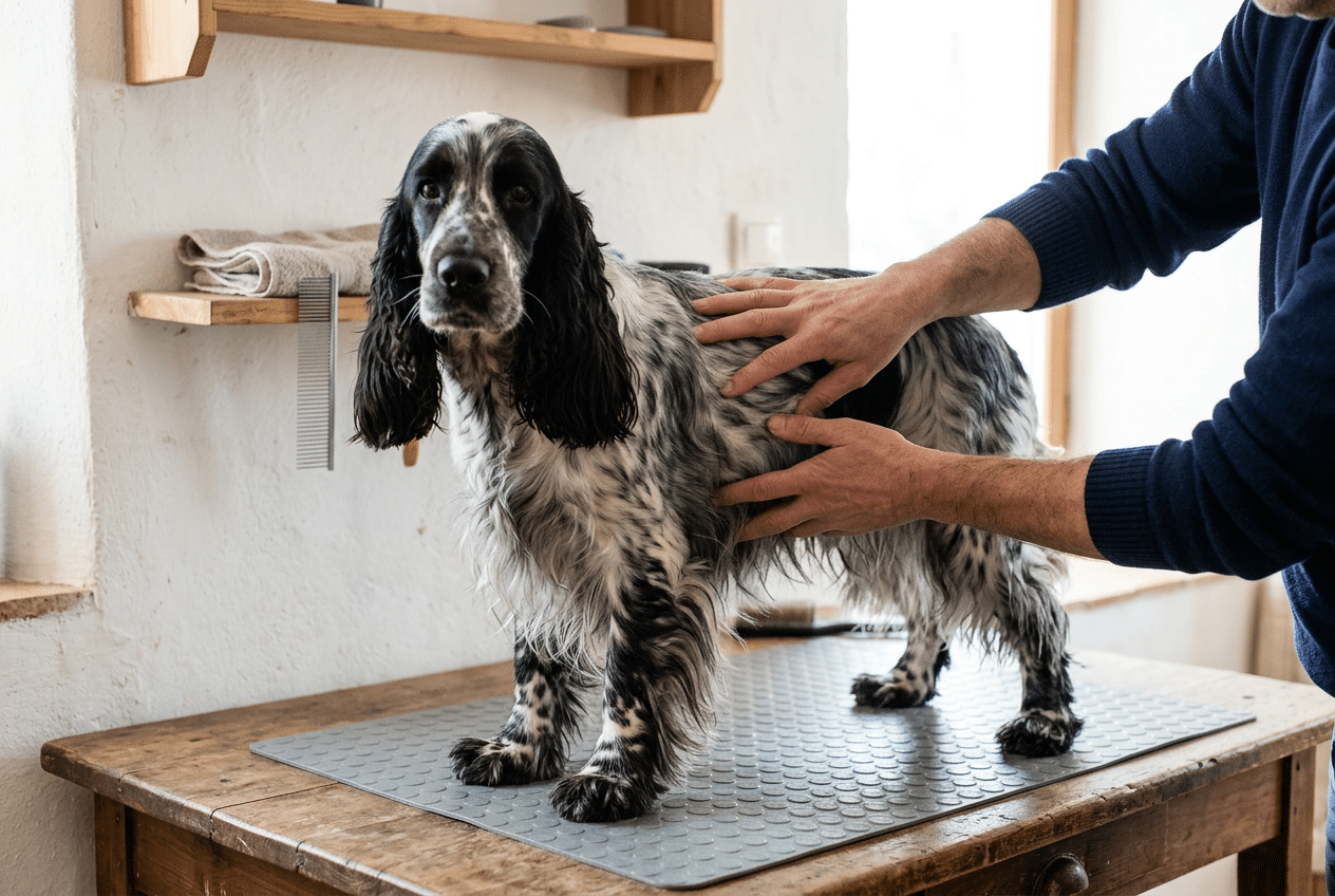 Manos palpando las costillas de un cocker spaniel inglés adulto de pie sobre una mesa, por debajo del pelo largo, para comprobar si el cocker spaniel está en su peso ideal