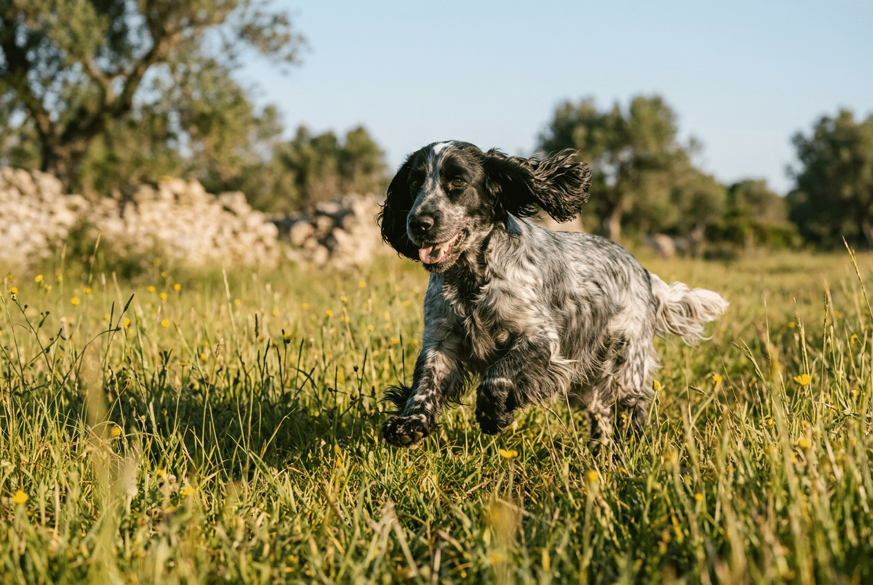 Cocker spaniel inglés adulto azul ruano corriendo por un campo de hierba con las orejas al viento, el ejercicio diario que ayuda a mantener a un cocker spaniel en su peso