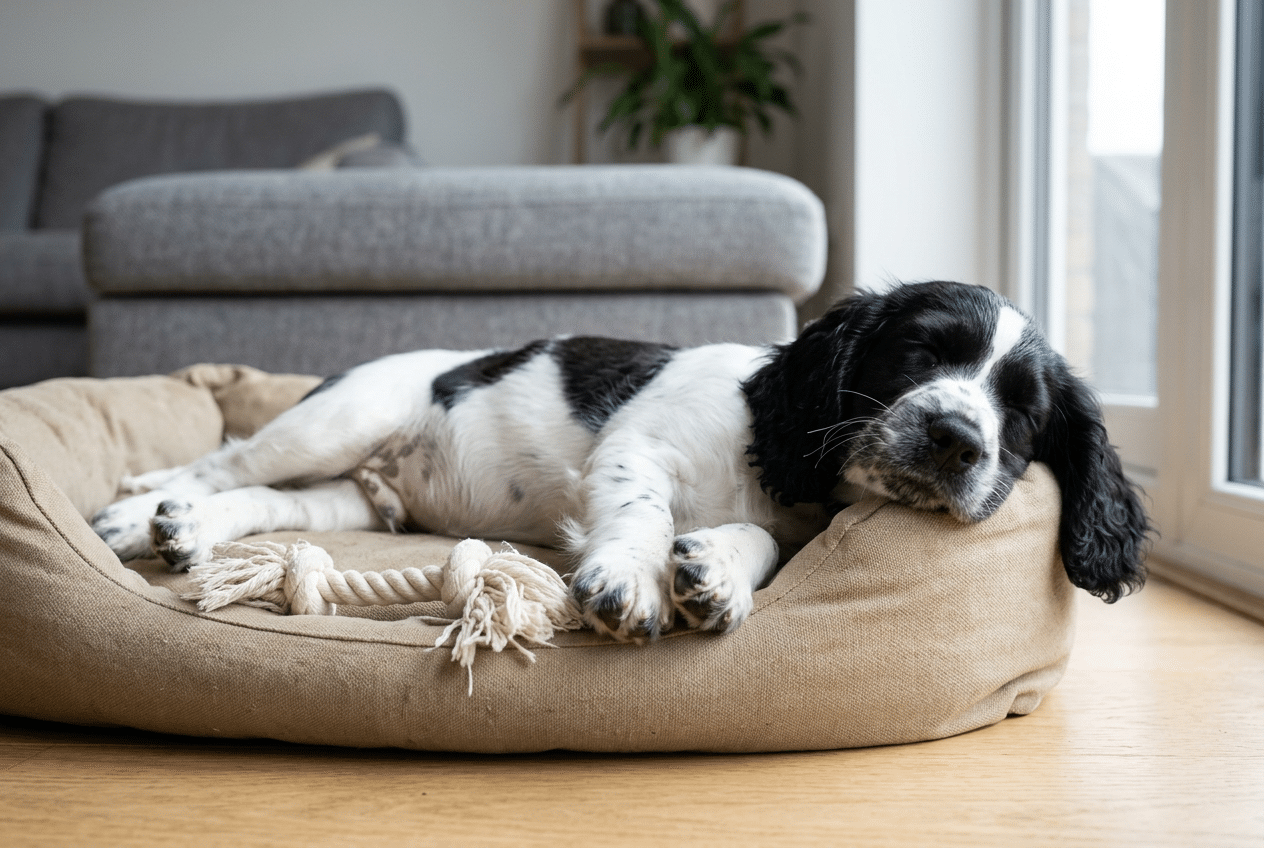 Cachorro de cocker spaniel negro y blanco dormido en su cama en pleno día, después de jugar, algo normal en sus primeros días en casa