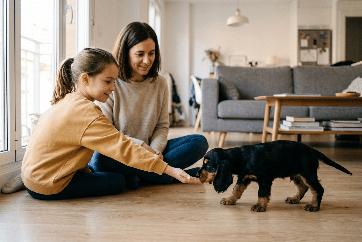Familia sentada en el suelo del salón dejando que su cachorro de cocker spaniel se acerque a oler, durante sus primeros días en casa