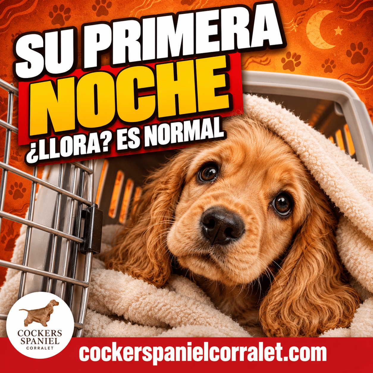 Cachorro de cocker spaniel inglés dorado asomado a su transportín envuelto en una manta, en su primera noche, una de las dudas de los primeros días de un cachorro en casa