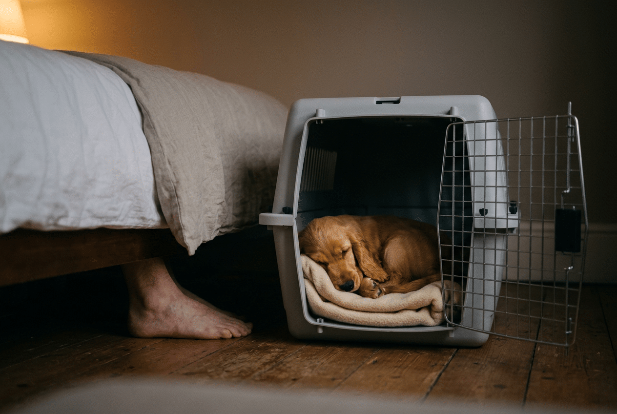 Cachorro de cocker spaniel dormido en su transportín con la puerta abierta junto a la cama de sus dueños, en su primera noche en casa