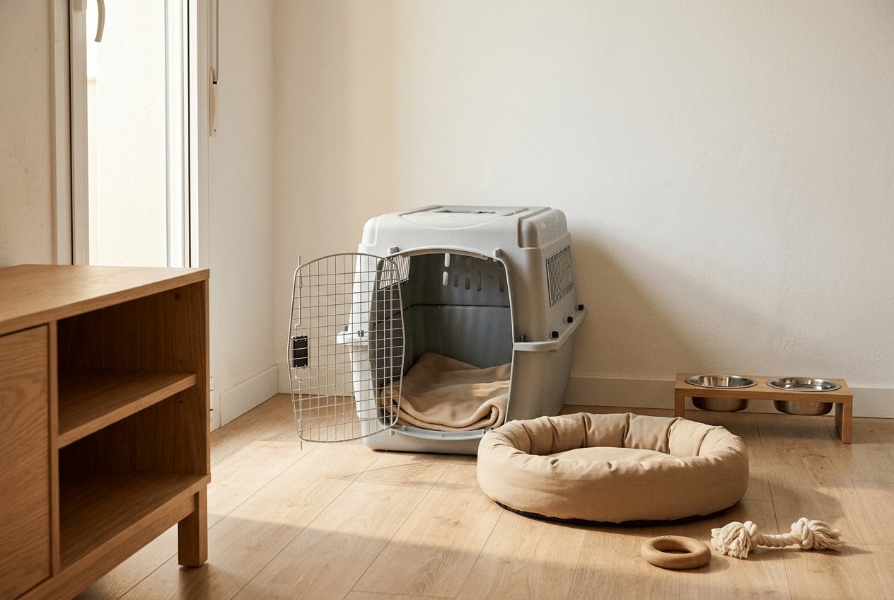 Rincón preparado para los primeros días de un cachorro de cocker en casa, con transportín abierto, cama, comedero, bebedero y mordedores junto a la pared